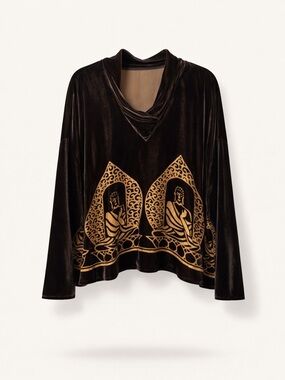 Harari Velvet Burnout Top Chocolate Brown Gold Silk Rayon Artsy Boho Goth PS